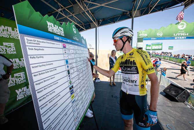 2019 Tour of Utah race leader Ben Hermans (Israel Cycling Academy) signs on for the start of stage 3