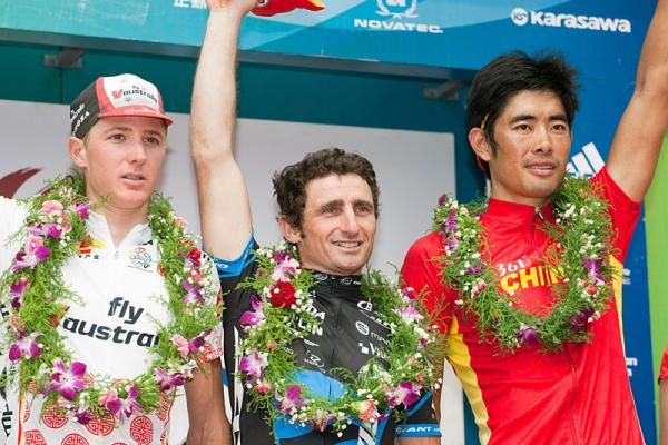 The stage four podium (l-r): David Tanner, Rico Rogers and Xitao Ji.