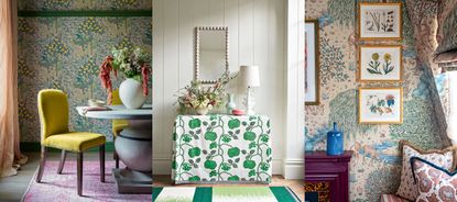 Three examples of spring decor ideas. Pink and green floral wallpaper in colorful dining room. Spring styled console table in bright white hallway. Striking patterned wallpaper in cozy windowseat, artwork on walls