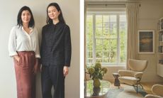 A split-screen image showing the two female founders of Atelier Como on the left, and a curated living room with a large sash window and designer furniture on the right.