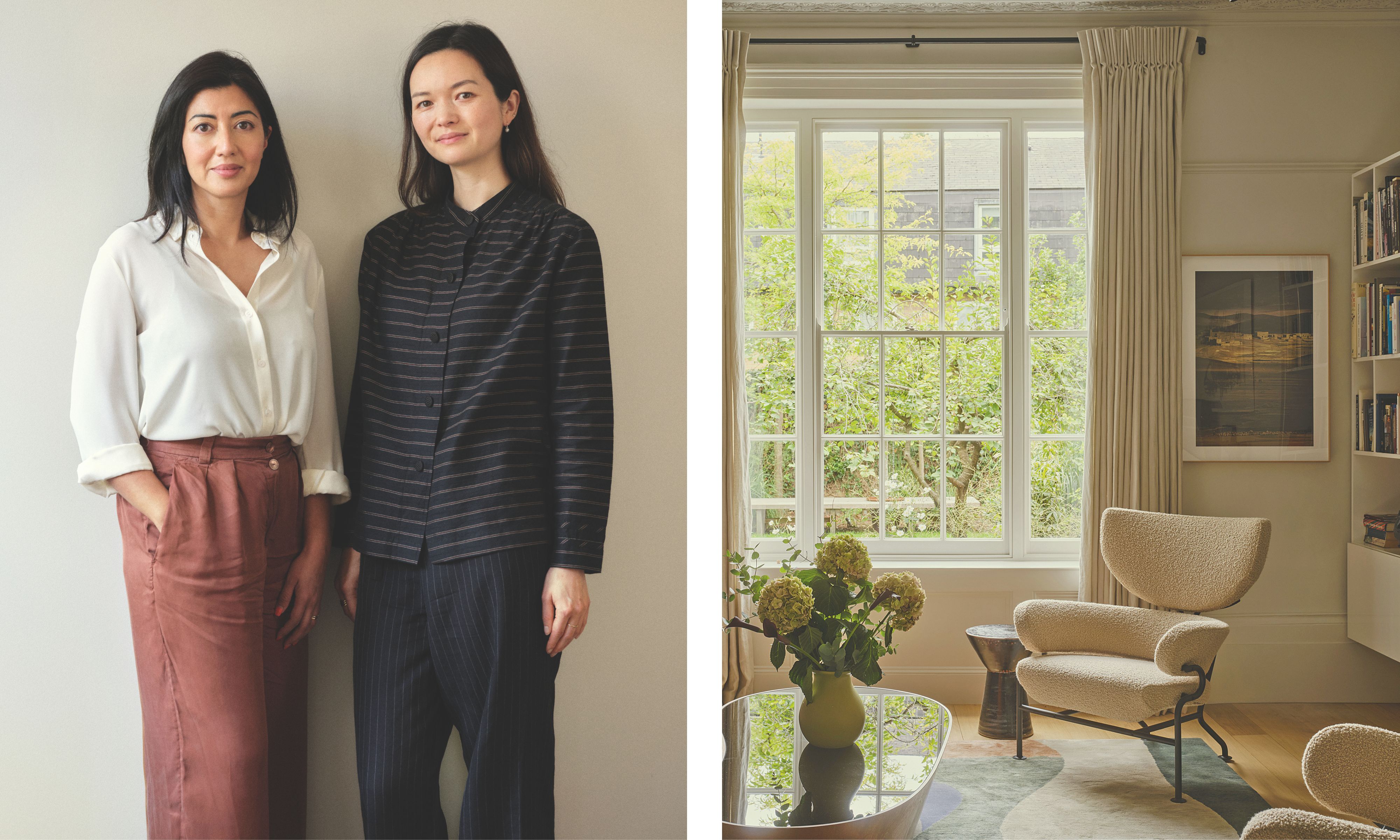 A split-screen image showing the two female founders of Atelier Como on the left, and a curated living room with a large sash window and designer furniture on the right.