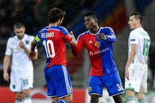 Basel pair Breel Embolo and Matias Delgado celebrate victory against Ludogorets in the Champions League in November 2014.