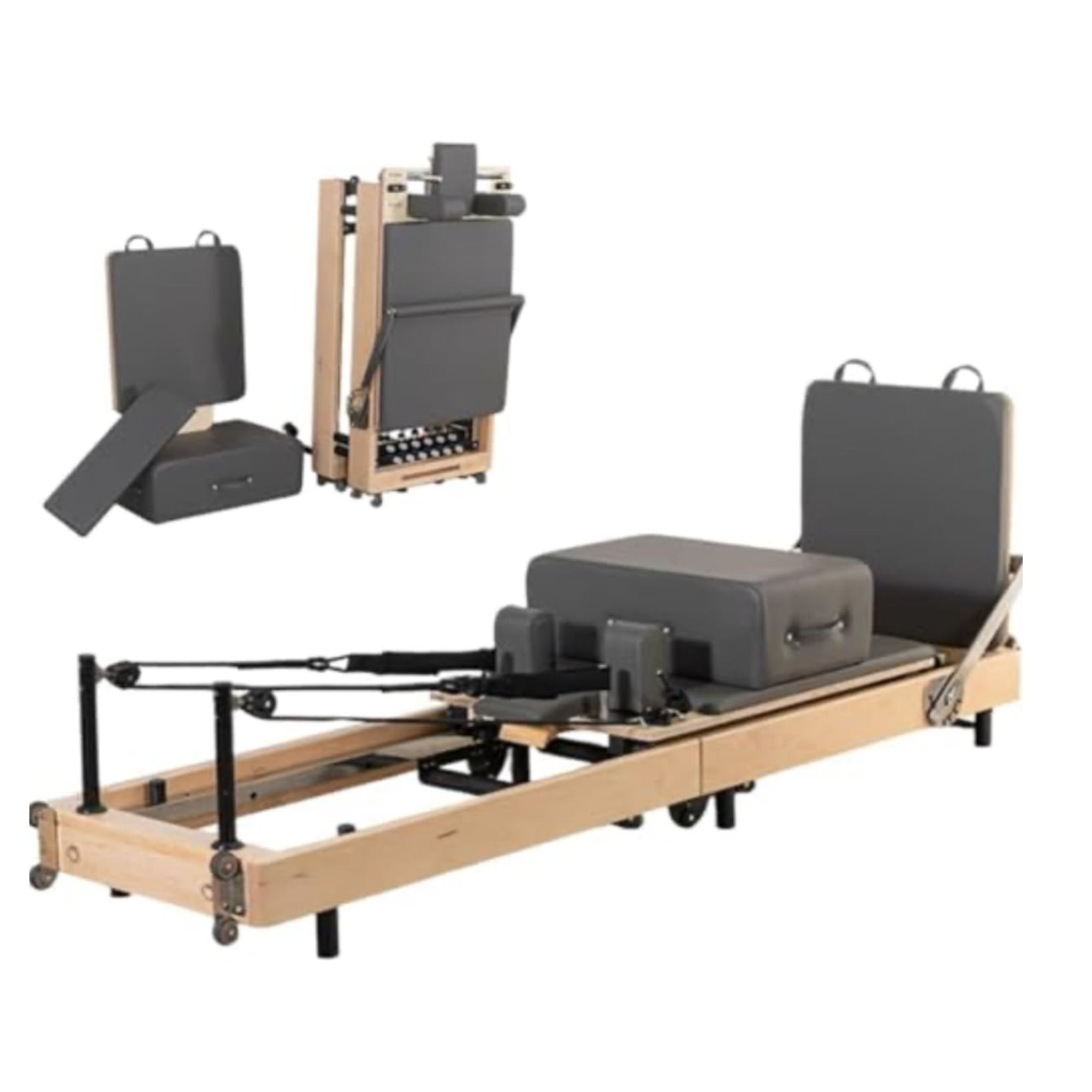 Reformer Pilates Machine Foldable Gym Fitness Equipment For Home Workout Oak Wood For Stretching Balance Yoga Exercise - White