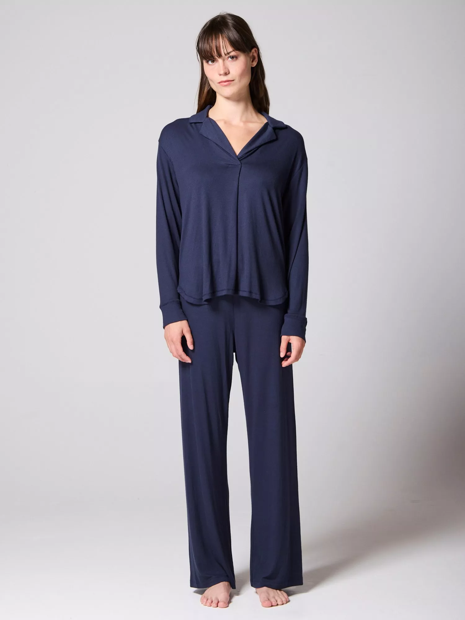 Mamu Button Through Long Pyjama Set, Navy