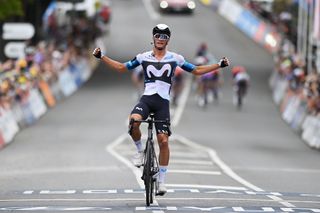 URAIDLA AUSTRALIA JANUARY 23 Javier Romo of Spain and Movistar Team celebrates at finish line as stage winner during the 25th Santos Tour Down Under 2025 Stage 3 a 1475km stage from Norwood to Uraidla 491m UCIWT on January 22 2025 in Uraidla Australia Photo by Dario BelingheriGetty Images