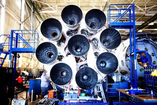 The new circular Octaweb engine arrangement of SpaceX's nine Falcon 9 Merlin 1D engines is seen in this image.