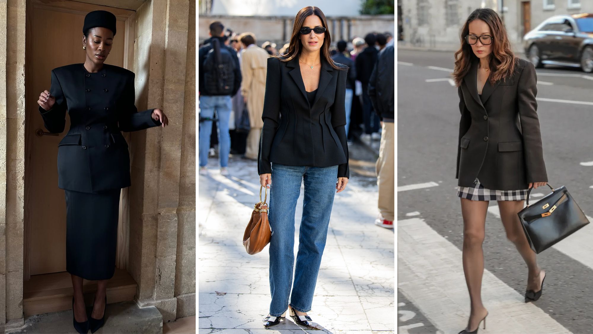 three stylish women wearing sculpted blazers