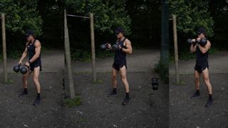 Will Power demonstrates three positions of the double kettlebell clean