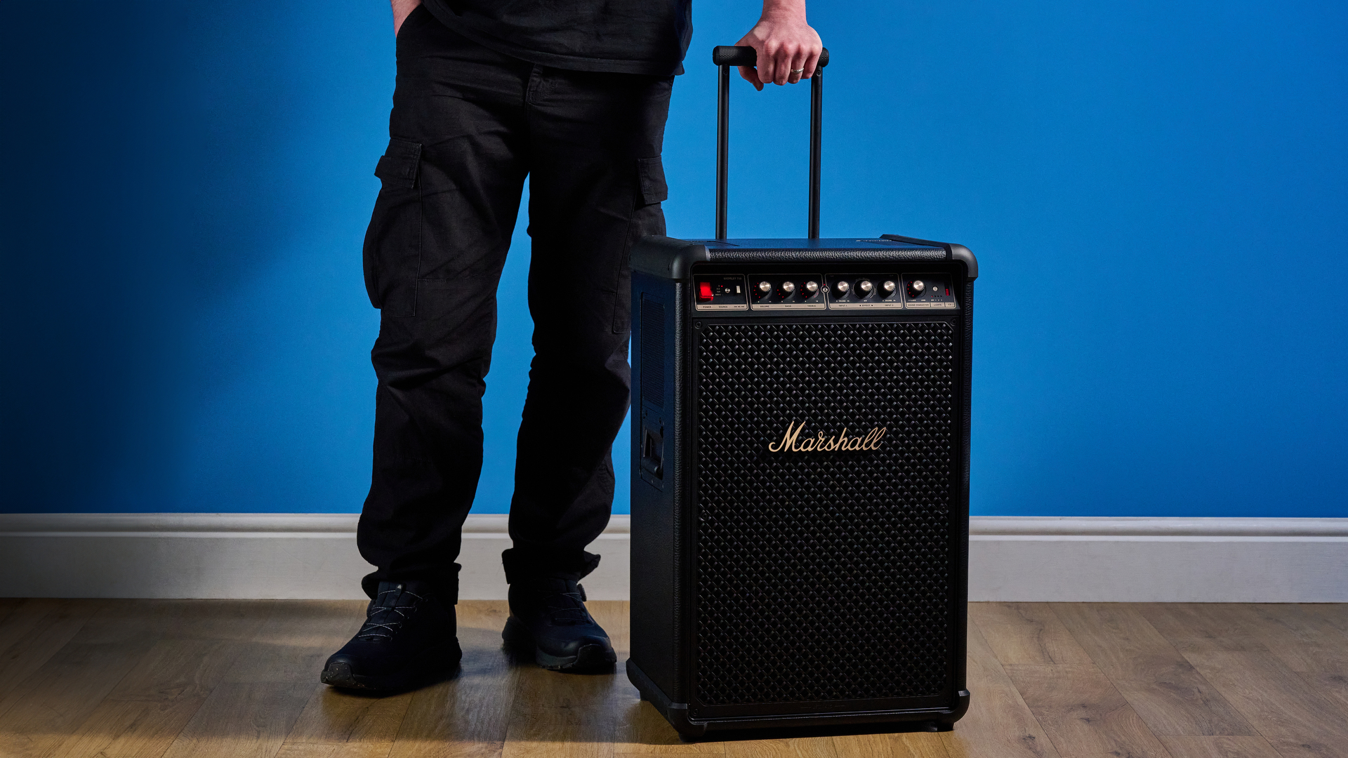 A black and brass Marshall Bromley 750 party speaker