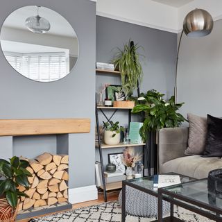 Grey painted lounge with sofa and ladder style shelving