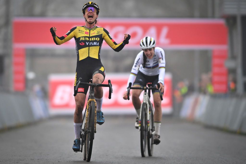 Dutch Marianne Vos celebrates as she crosses the finish line to win the womens elite race at the Cyclocross World Cup cyclocross event in RucphenThe Netherlands Saturday 18 December 2021 the ninth stage out of 16 in the World Cup of the 20212022 season BELGA PHOTO DAVID STOCKMAN Photo by DAVID STOCKMANBELGA MAGAFP via Getty Images