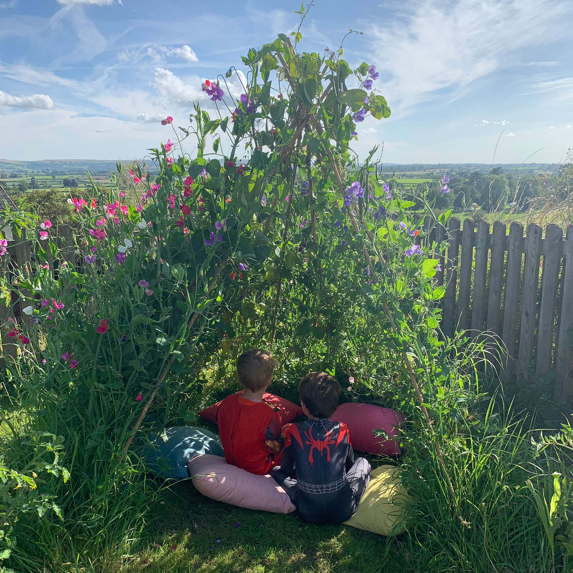 Two small children sitting inside sweet pea tent in country garden