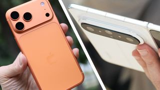 A hand holding the iPhone 17 Pro Max next to a hand holding the Huawei Pura X Max