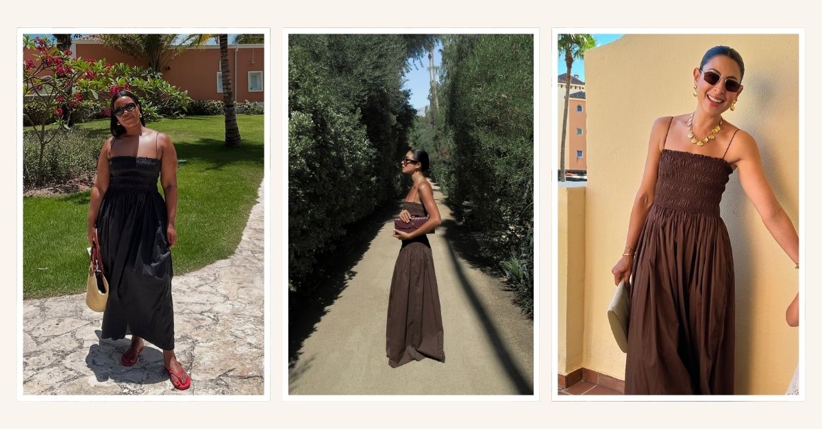 Three women wear the Matteau shirred cotton midi dress