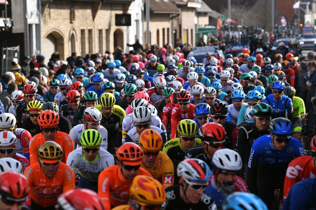 KUURNE BELGIUM MARCH 01 Start Samuel Bewley of New Zealand and Team MitcheltonScott Quinn Simmons of The United States and Team TrekSegafredo Kuurne City Fans Public Peloton during the 72nd KuurneBrusselKuurne 2020 a 201km race from Kuurne to Kuurne KBK20 KuurneBxlKuurne KBK on March 01 2020 in Kuurne Belgium Photo by Tim de WaeleGetty Images