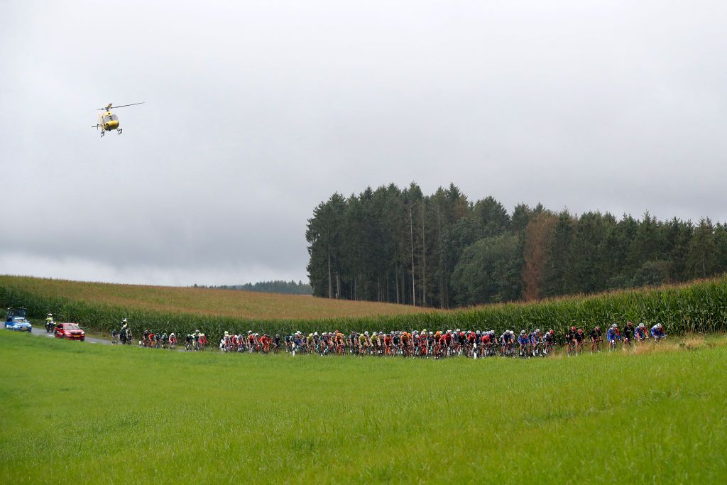 ESCHSURSRE LUXEMBOURG SEPTEMBER 15 A general view of the peloton competing during the 81st SkodaTour De Luxembourg 2021 Stage 2 a 1861km stage from Steinfort to EschSurSre Eschdorf 504m skodatour skodatour on September 15 2021 in EschSurSre Luxembourg Photo by Bas CzerwinskiGetty Images