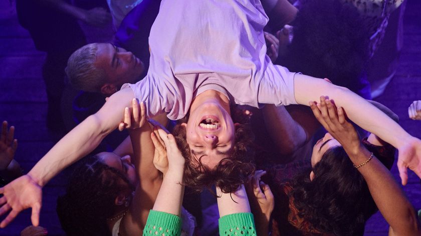 Crowdsurfing man, from above