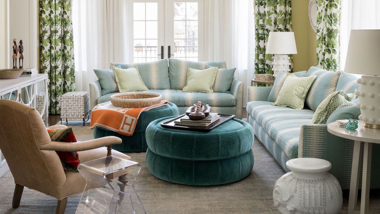 Living room in a light filled 1930s home with clever use of pattern