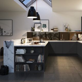 kitchen with white wall and black cabinets with marble worktop