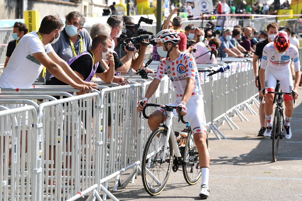 VILLARDDELANS FRANCE SEPTEMBER 15 Start Benoit Cosnefroy of France and Team Ag2R La Mondiale Polka Dot Mountain Jersey Interview Press Media Social distancing during the 107th Tour de France 2020 Stage 16 a 164km stage from La TourDuPin to VillardDeLans 1152m Auberge de la Cte 2000 TDF2020 LeTour on September 15 2020 in VillardDeLans France Photo by Tim de WaeleGetty Images