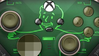 A close up of Vault Boy on the new Xbox Wireless Controller - Fallout Pip-Boy Edition
