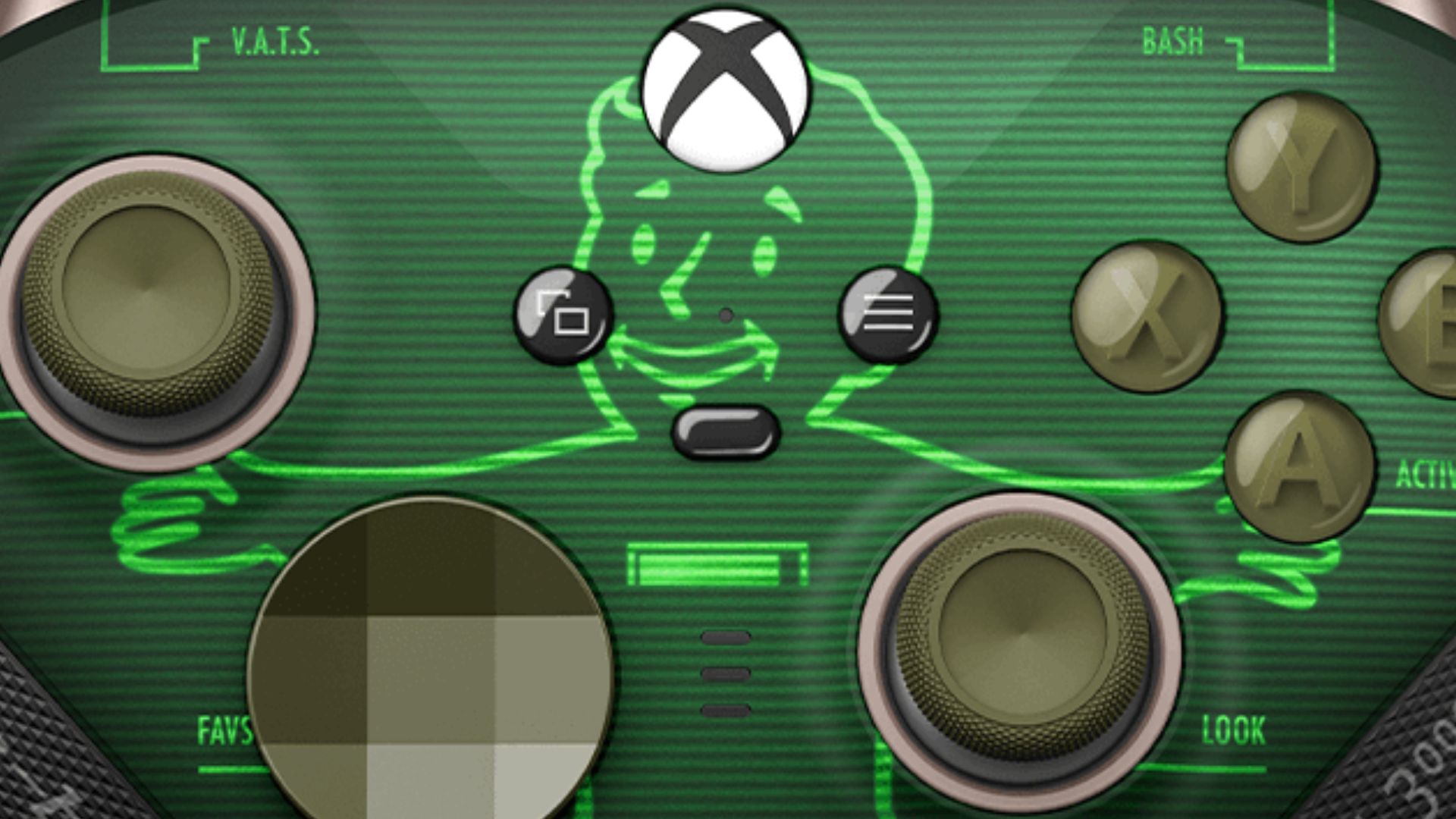 A close up of Vault Boy on the new Xbox Wireless Controller - Fallout Pip-Boy Edition
