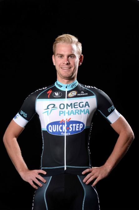 Team member Julien Vermote models Omega Pharma-QuickStep's new kit for the 2014 season