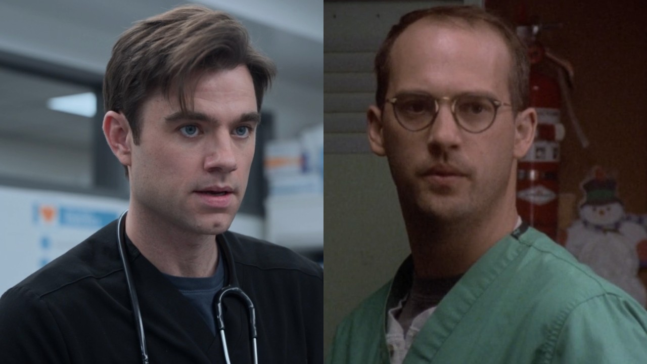From left to right: Patrick Ball as Langdon on The Pitt and Anthony Edwards as Dr. Greene on ER.