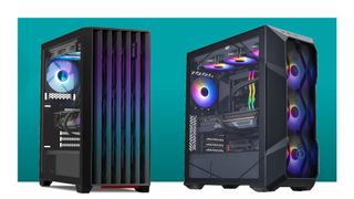 Cooler Master TD5 Pro and Yeyian Phoenix gaming PCs on a blue background