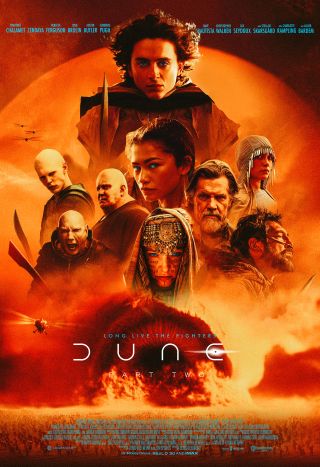 portraits of characters in desert clothing above a red, sandy planet under the words "Dune: Part Two"