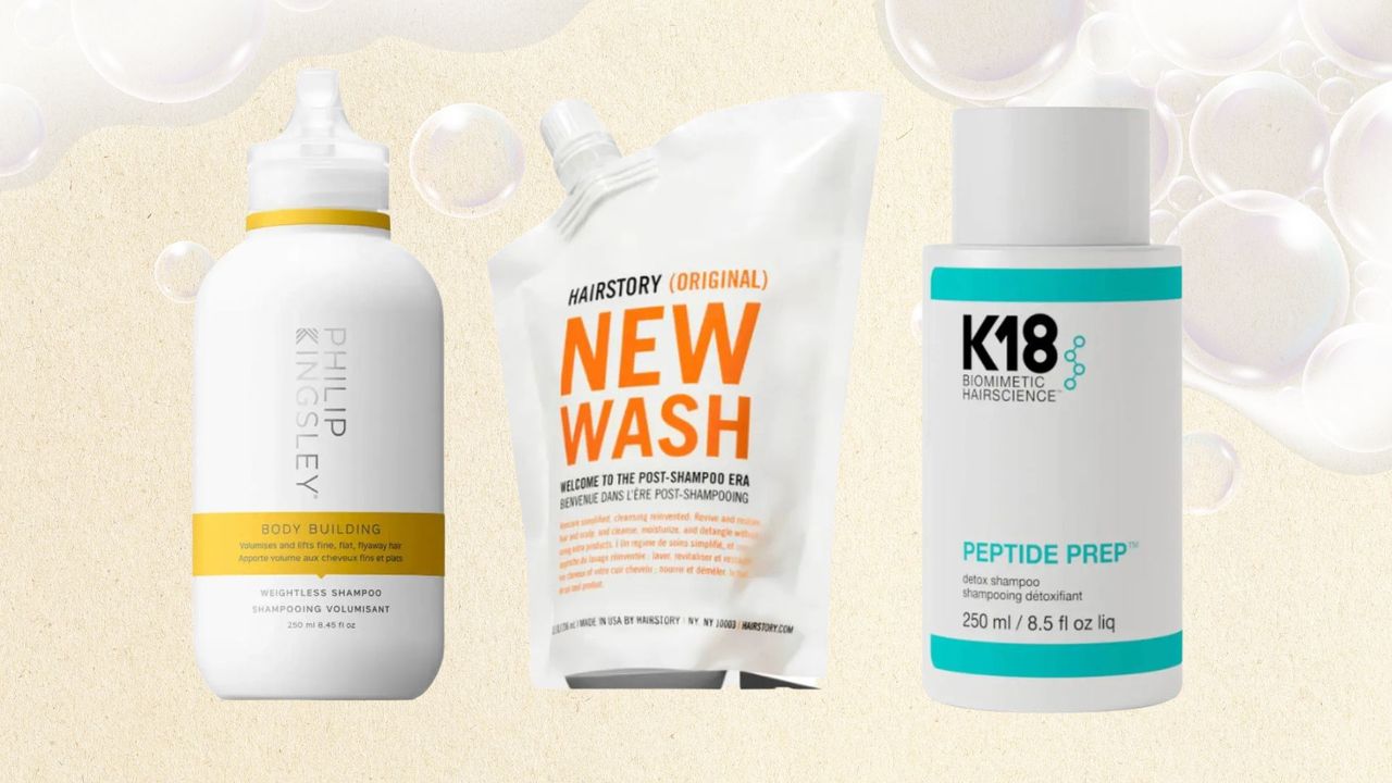 Collage of the best shampoos for fine and thinning hair (L-R) from phillip kingsley, hairstory and K18 on a yellow background with bubbles