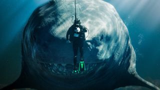 A megalodon faces off with a diver in The Meg 2: The Trench