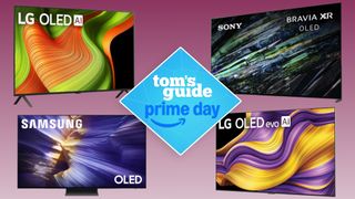 Four OLED TVs from LG, Samsung and Sony arranged in quadrants against a colorful background. In the center of the image is a badge that reads: "Tom's Guide Prime Day."