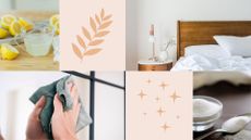 composite of lemon juice, neutral bedroom decor, person wiping mirror and table salt in bowl