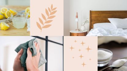 composite of lemon juice, neutral bedroom decor, person wiping mirror and table salt in bowl