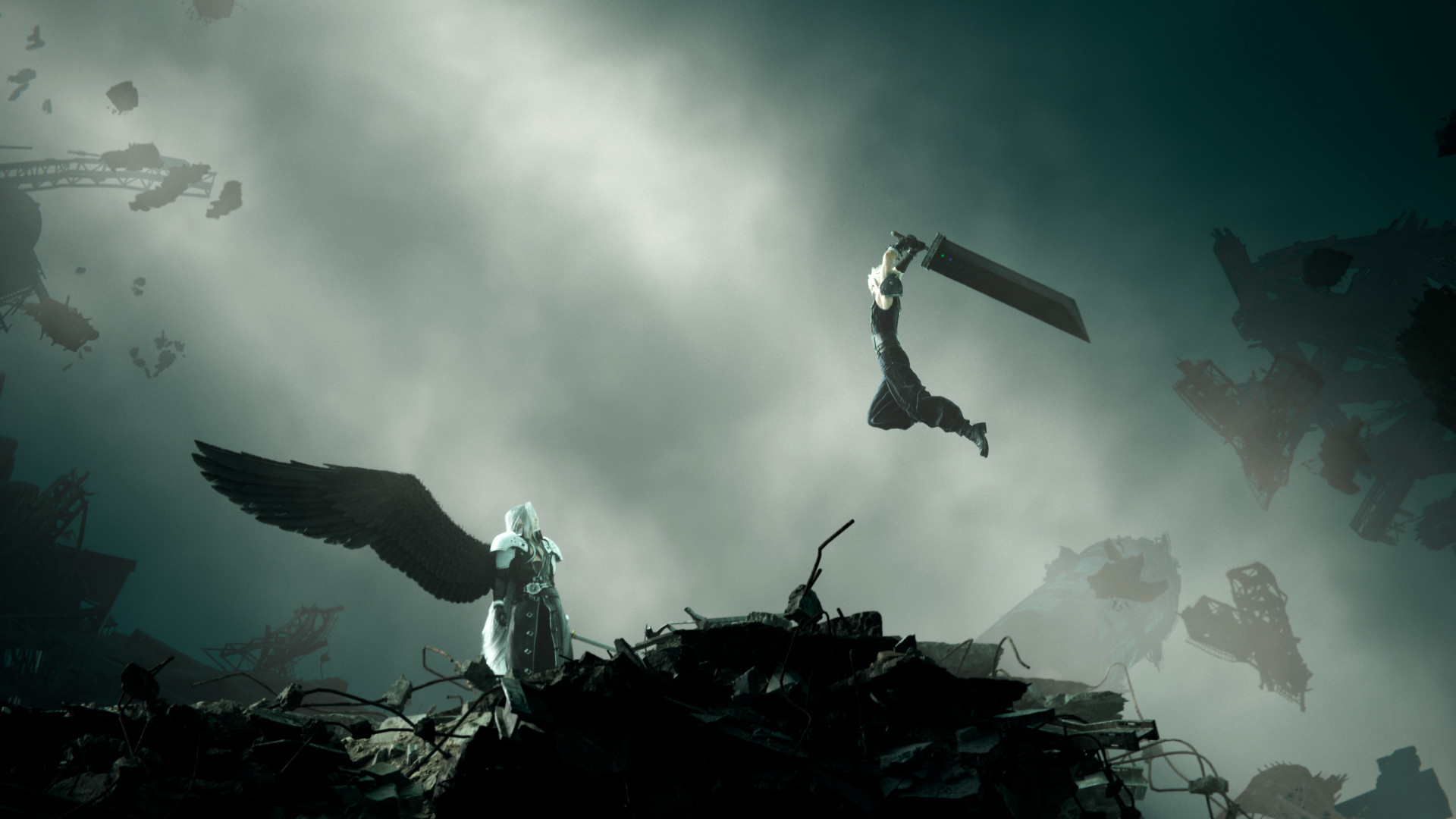 Cloud leaps towards Sephiroth with his giant sword swung over his head