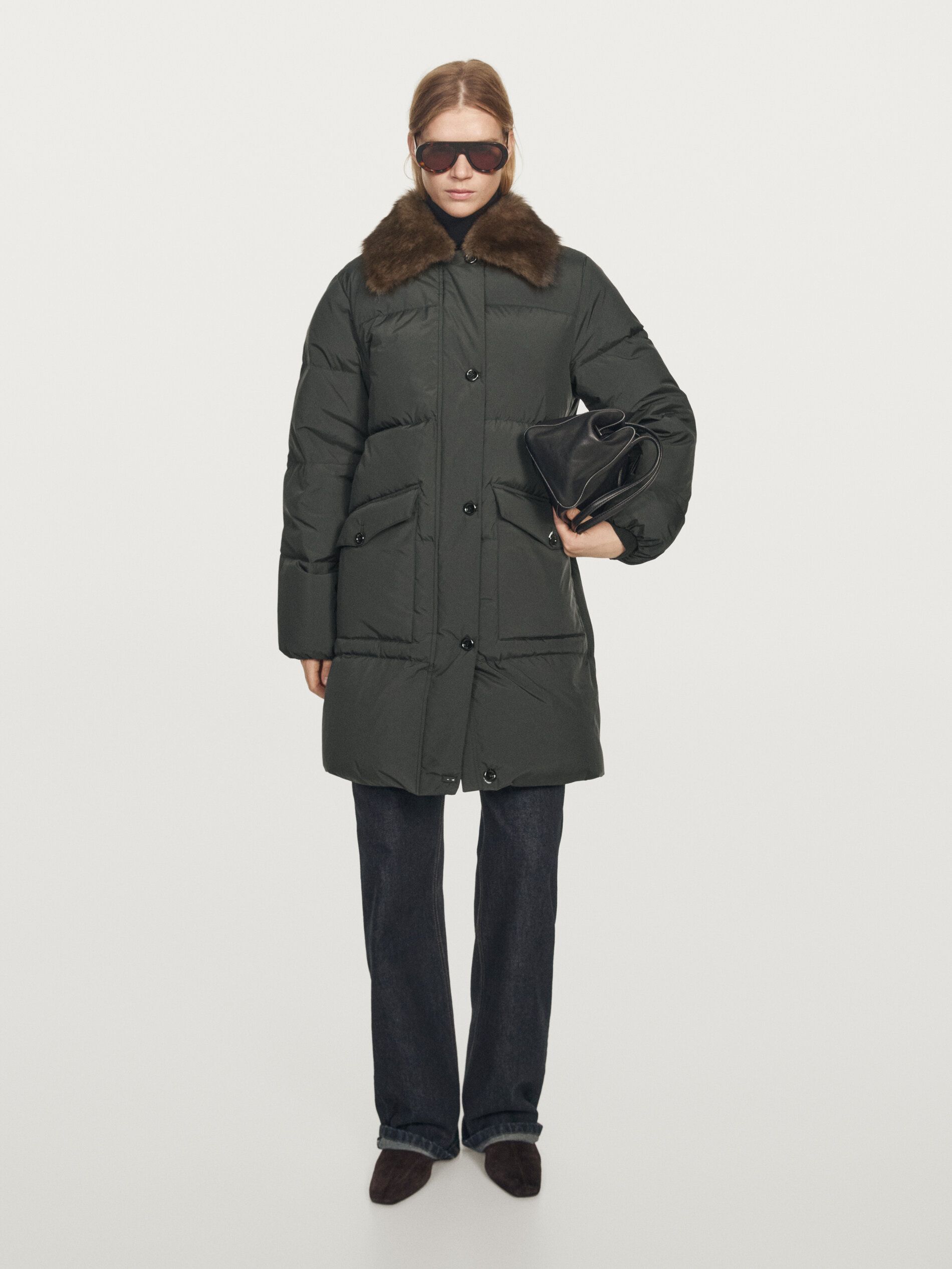 Long Water-Repellent Down Jacket With Collar Detail