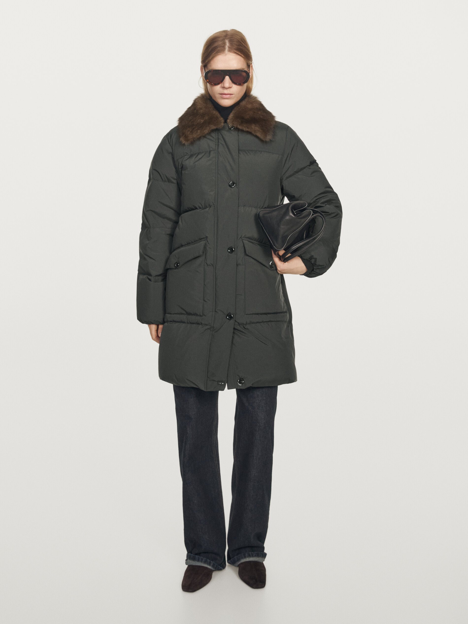 Long Water-Repellent Down Jacket With Collar Detail