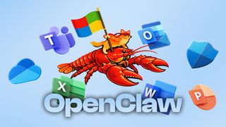 Microsoft 365 icons with OpenClaw text logo and a cartoon ninja cat riding a lobster