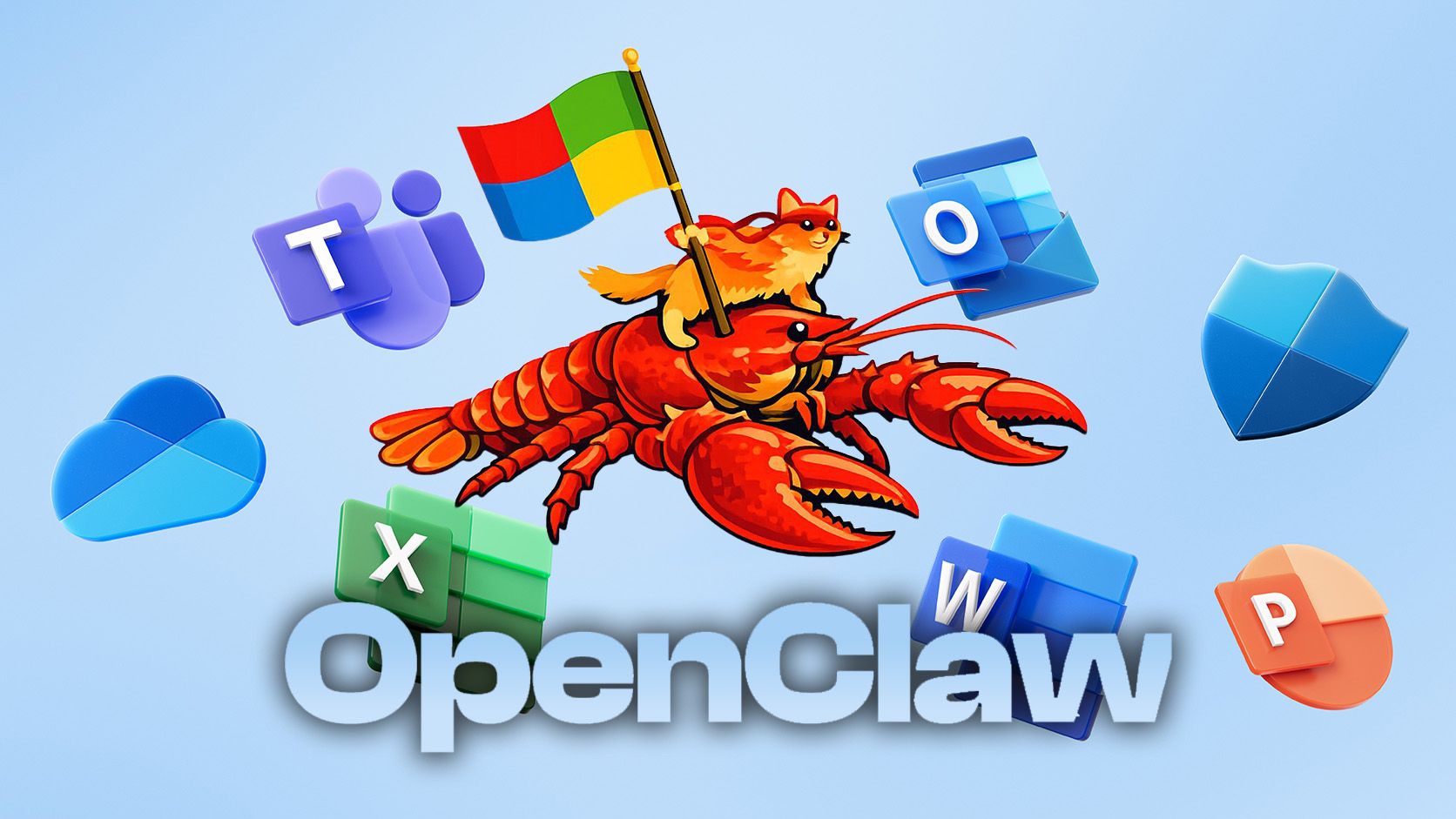 Microsoft 365 icons with OpenClaw text logo and a cartoon ninja cat riding a lobster