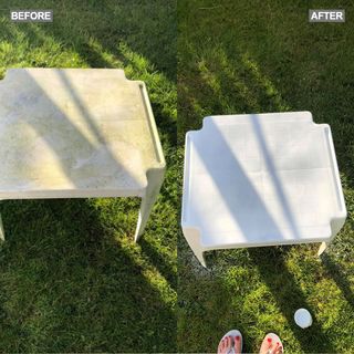 white table in garden before and after applying anti rust spray