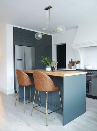 blue kitchen island with stools