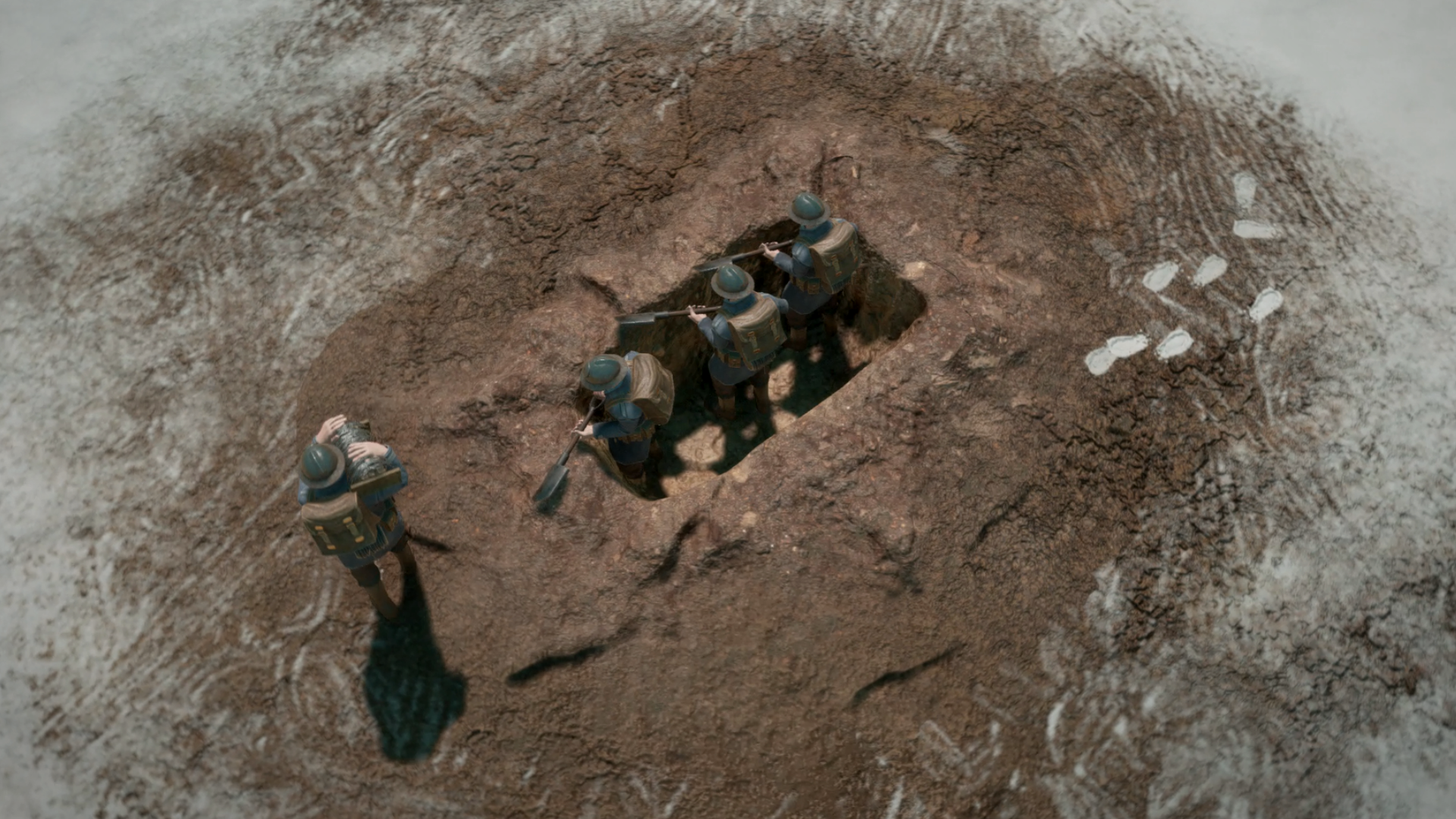 Three soldiers sheltering in a hole from the game Foxhole.