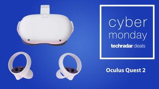 Cyber Monday Oculus Quest 2 deals: Oculus Quest 2 in front of a blue banner for Cyber Monday