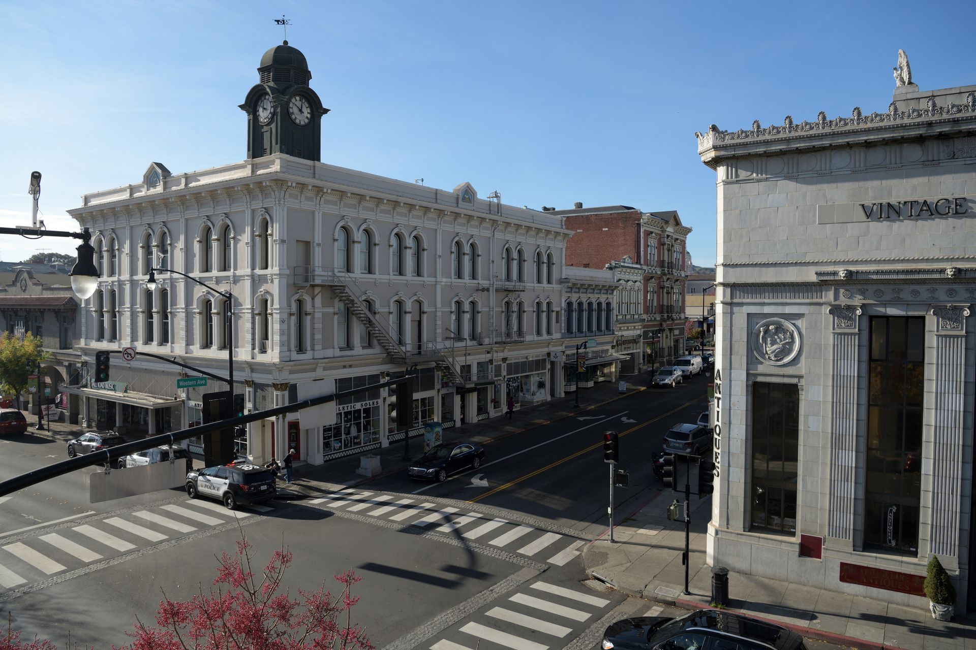 Downtown street and bank buildings at Petaluma, Sonoma County, California