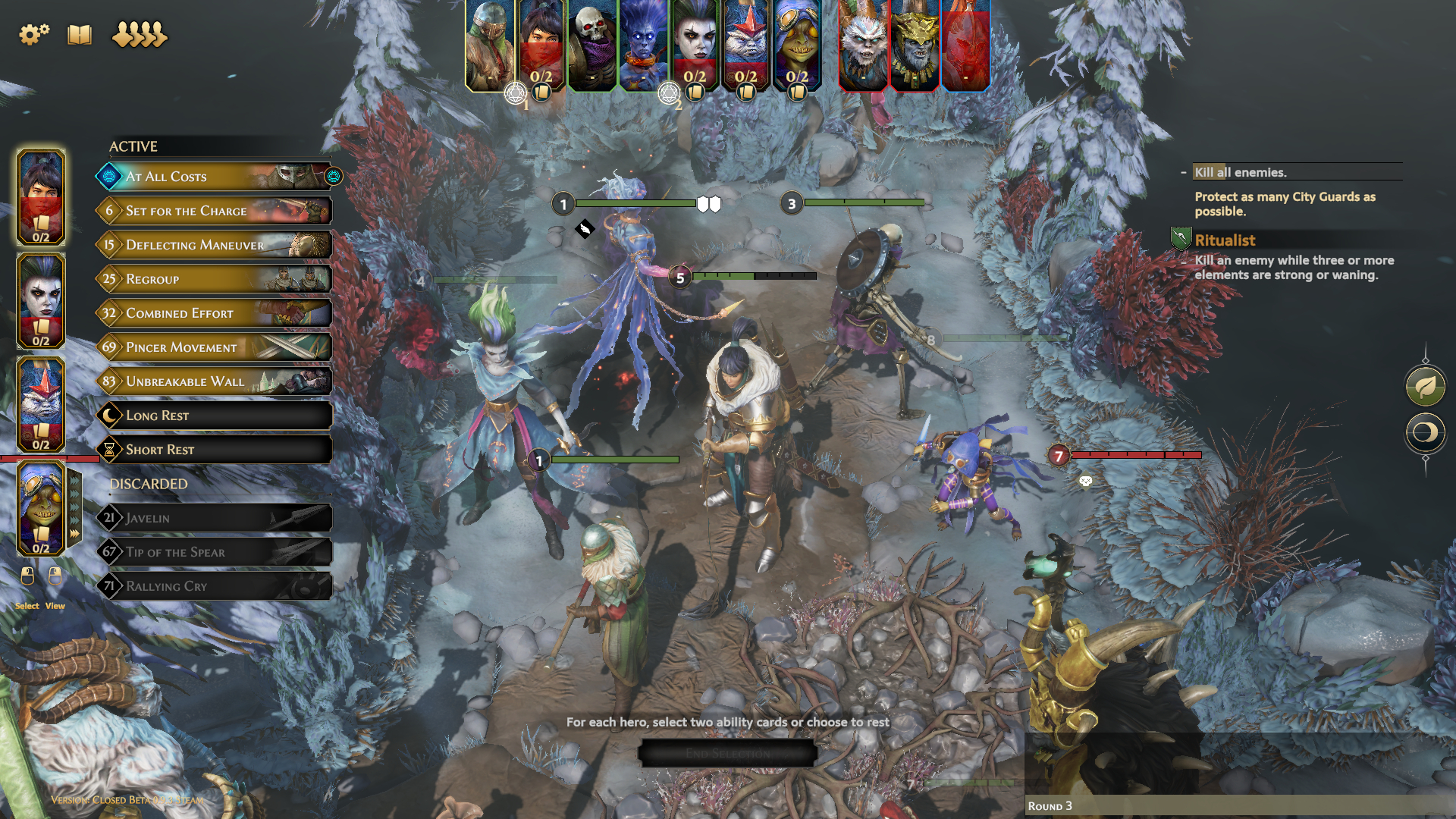 An array of warriors and monsters stand with weapons raised on a snowy background, with icons along the top of the screen and ability options listed to the left-hand side of the frame