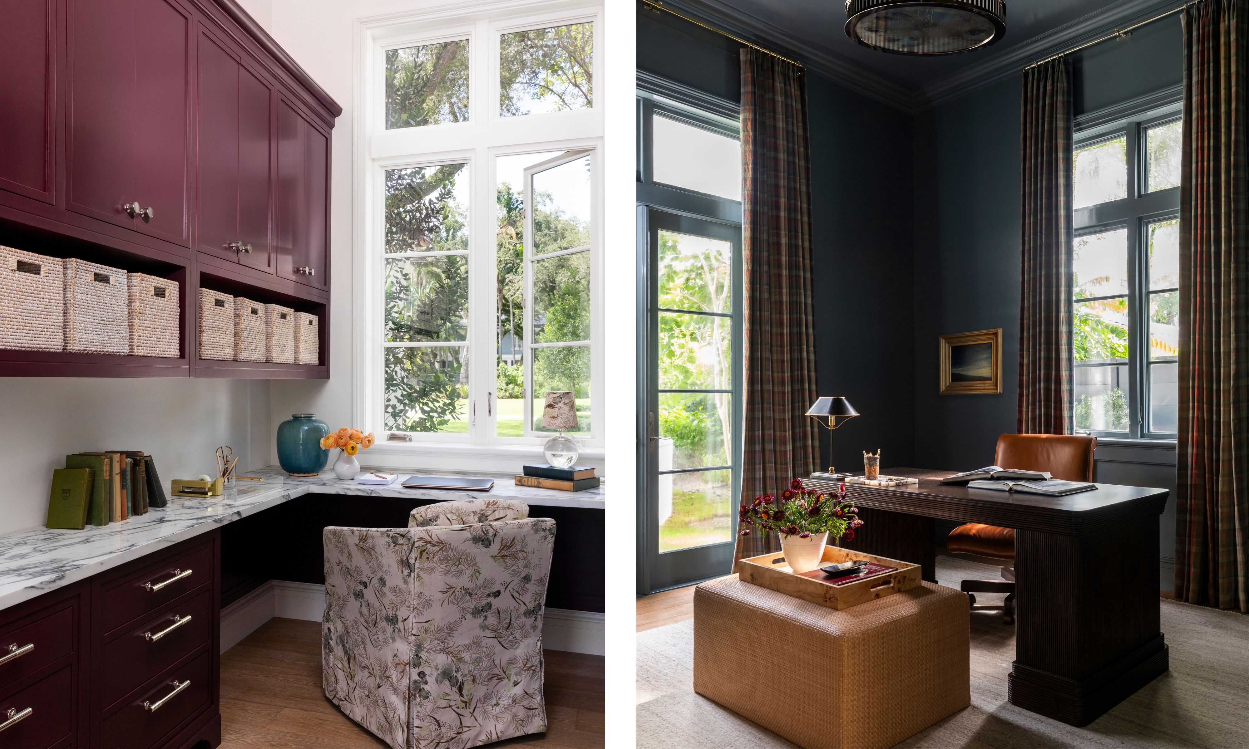 two side by side images of home offices, on the left a white room with purple gloss cabinetry and a floral chair and the right a navy mans office with tan leather and antique desk