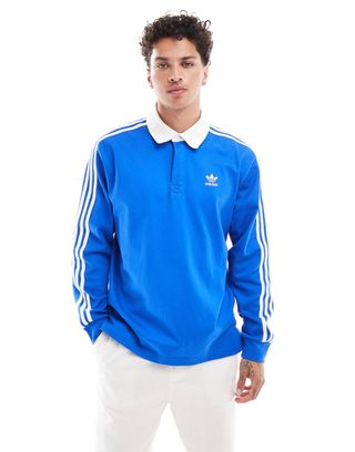 Adidas Originals Adicolor 3 Stripe Long Sleeve Polo in Blue