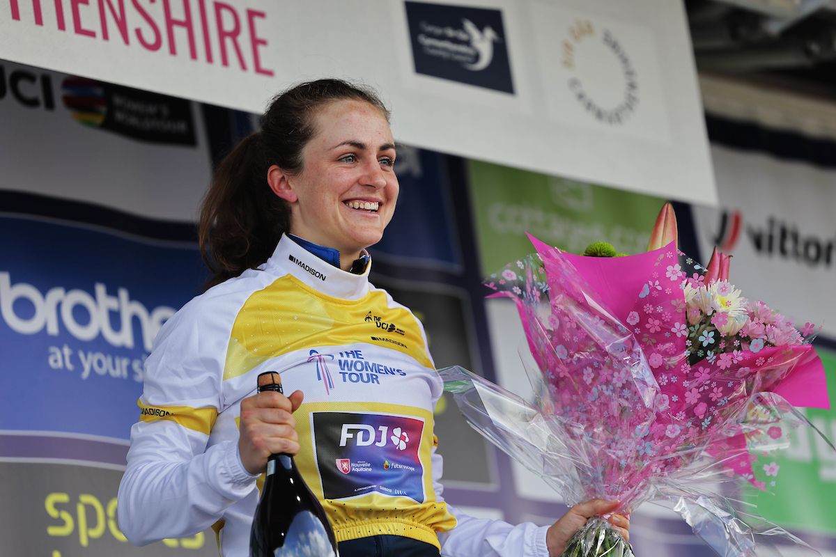 Picture by Alex Whitehead/SWpix.com - 10/06/2022 - Cycling - The Women&acirc;s Tour 2022 - Stage Five - Pembrey Country Park to The Black Mountain, Wales - Grace Brown of Team FDJ Nouvelle Aquitaine Futuroscope on the podium leading the overall General Classification