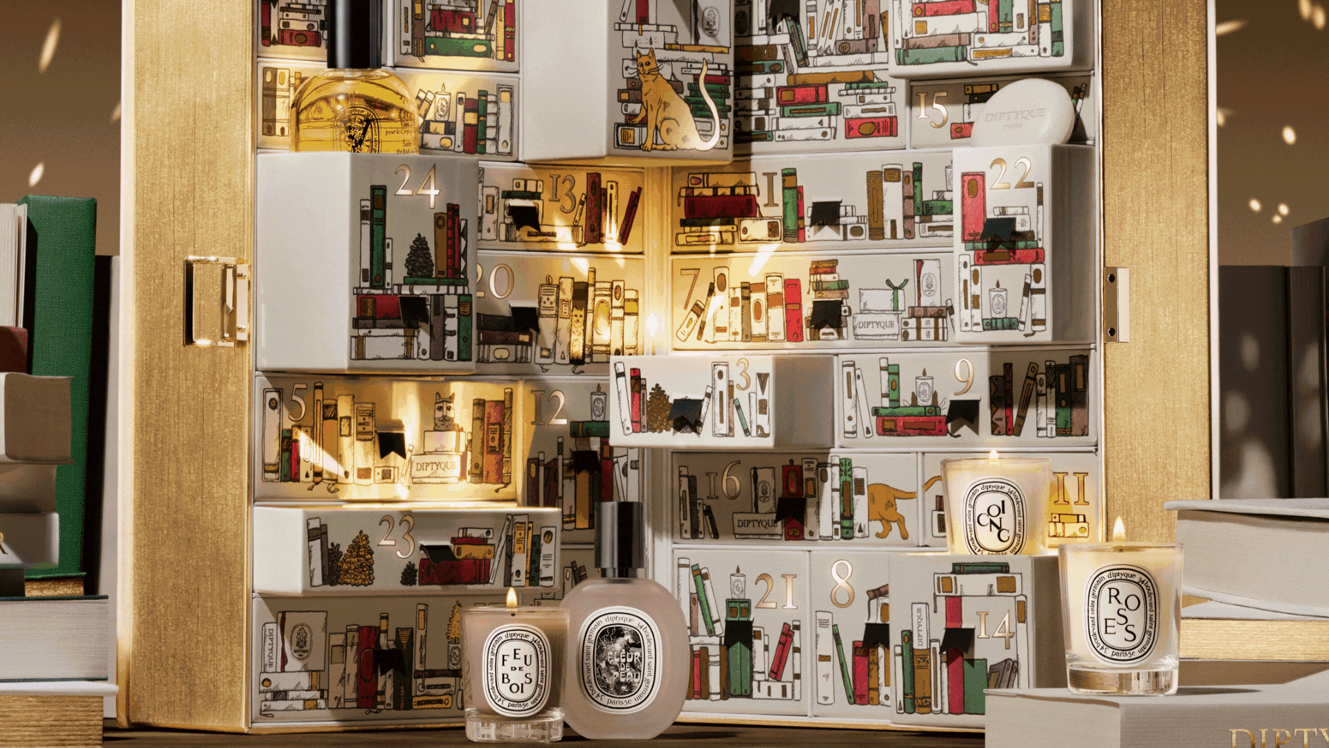 A GIF of home fragrance advent calendars with candles, room sprays, and diffusers